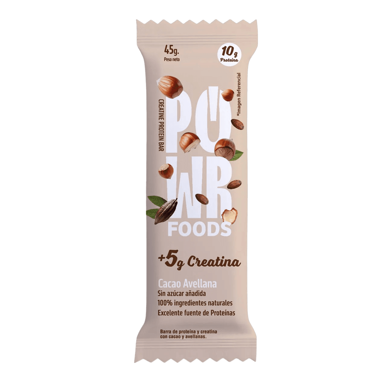 Barra de proteína y creatina con cacao y avellanas 45g – power foods